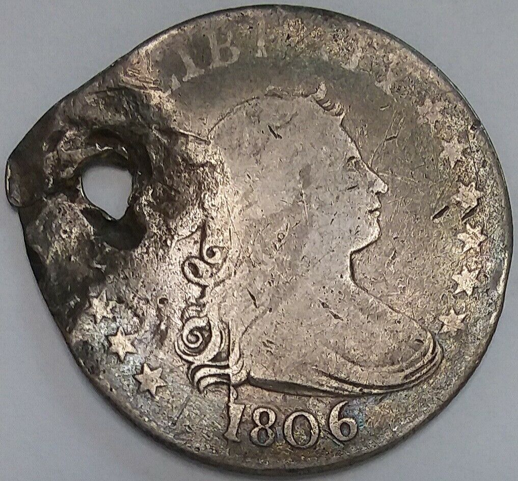 1806 Draped Bust Silver Quarter, Fine Condition But Holed, Only 206,124 Minted