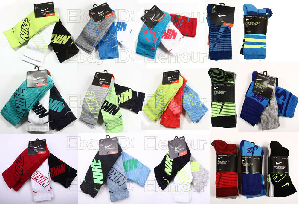 Nike Boys Youth Performance Cushioned Crew Socks 3 Pack Size 10c-3y,3y-5y,5y-7y