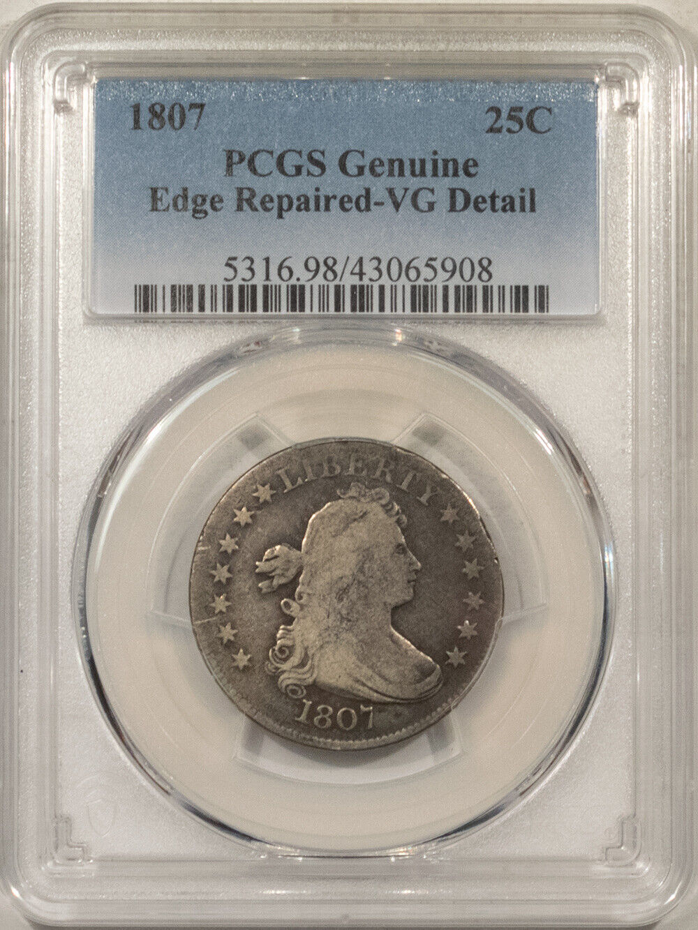 1807 Draped Bust Quarter Pcgs Genuine Edge Repaired - Vg Detail, Faces Up Nicely